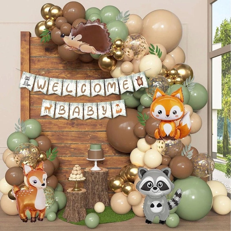 167Pcs Woodland Animals Baby Shower Decorations, Woodland Balloon Garland Arch Kit with Welcome Baby Banner Sage Green Brown Neutral Forest
