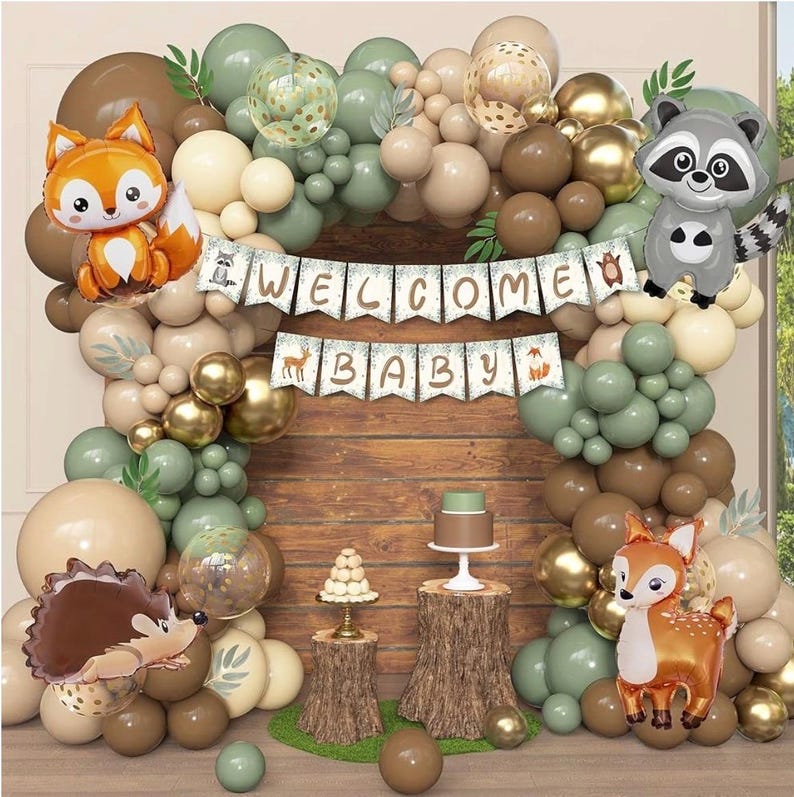 167Pcs Woodland Animals Baby Shower Decorations, Woodland Balloon Garland Arch Kit with Welcome Baby Banner Sage Green Brown Neutral Forest