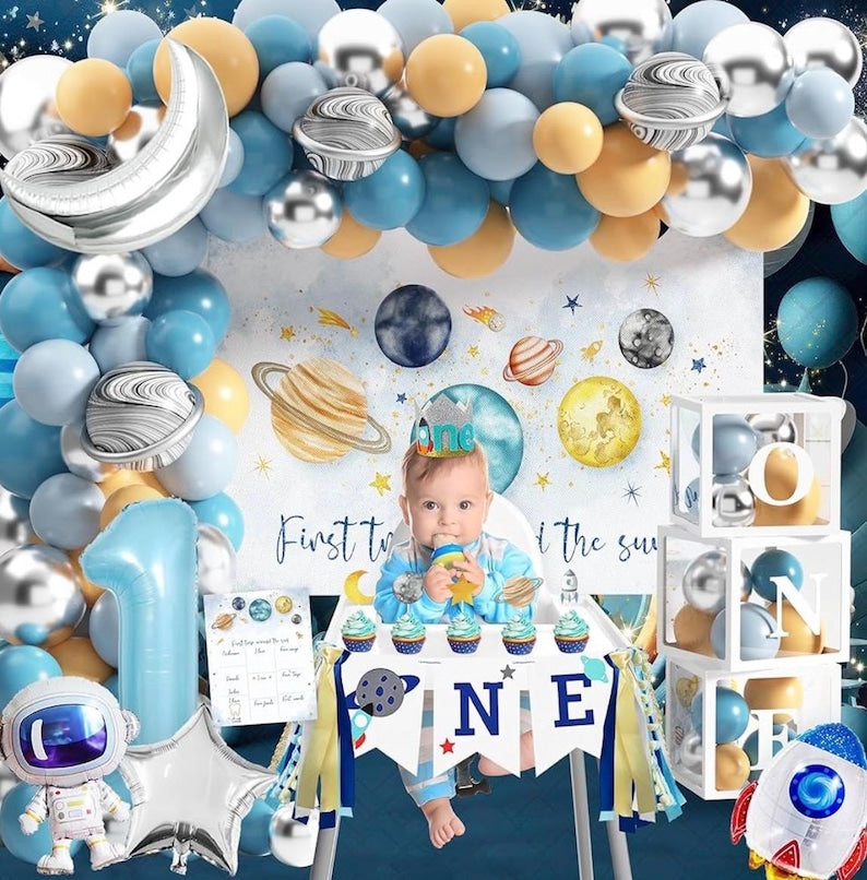 First Trip Around The Sun Birthday Party Decorations for boy 1st Birthday Supplies First Trip Around The Sun Backdrop Space Theme Party