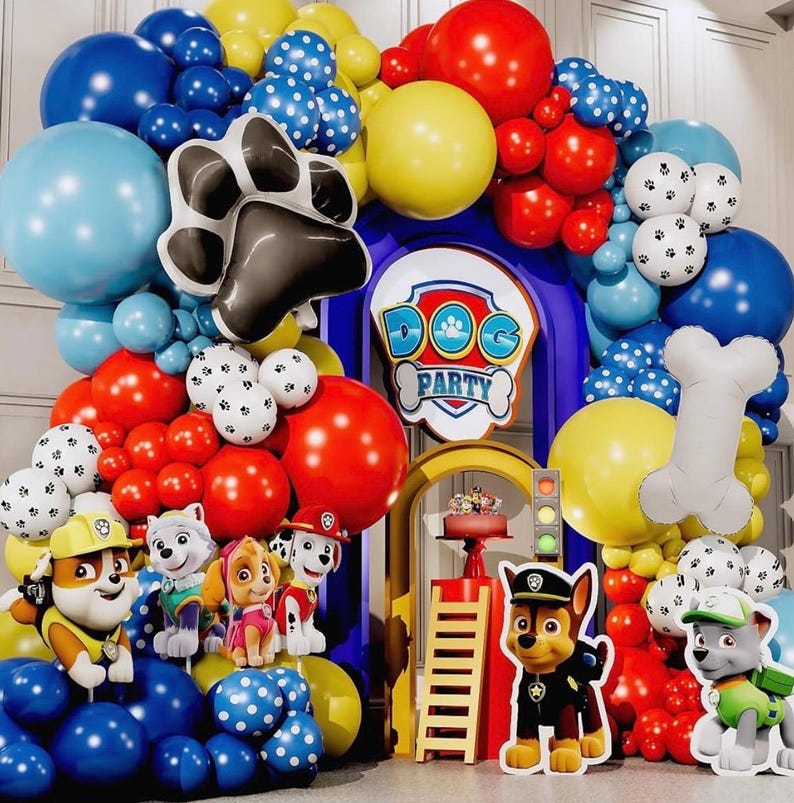 ALL -IN-1 Paw Balloon Arch & Garland Kit with BONUS Dog Bone – Small and Large Red, Dark Blue Paw Balloons – Chase Paw Birthday Party Decor