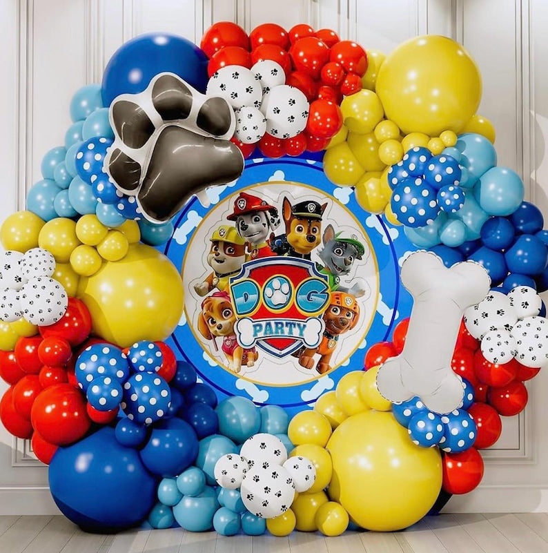 ALL -IN-1 Paw Balloon Arch & Garland Kit with BONUS Dog Bone – Small and Large Red, Dark Blue Paw Balloons – Chase Paw Birthday Party Decor