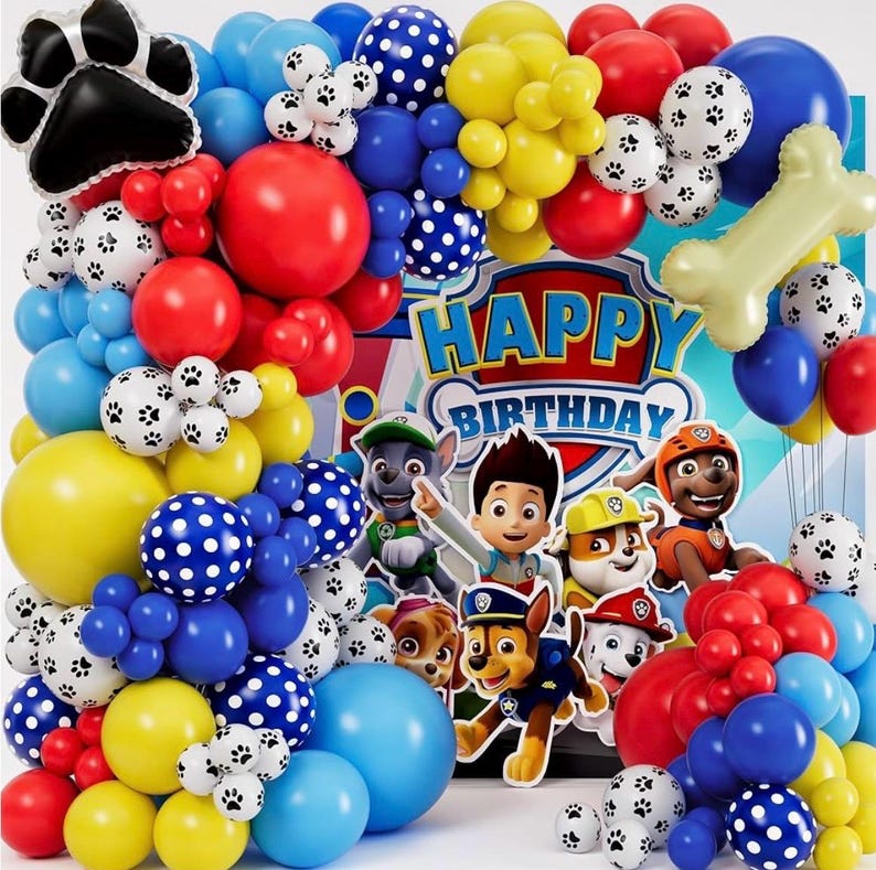 ALL -IN-1 Paw Balloon Arch & Garland Kit with BONUS Dog Bone – Small and Large Red, Dark Blue Paw Balloons – Chase Paw Birthday Party Decor