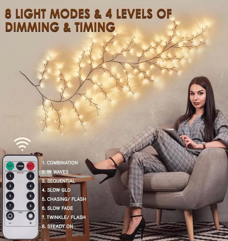 Willow Vine Lights 9.5ft 160LED, Vines for Home Decor Lighted Tree for Walls in 8 Modes & Timer, Branches Lights for Halloween Christmas