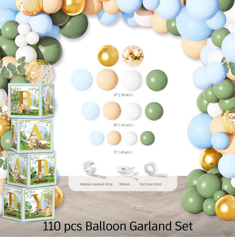 Classic Winnie Baby Shower Decorations Boy, Blue Vintage Bear Baby Boy Shower Decorations Balloons and Baby Boxes, Backdrop, Dinnerware Set