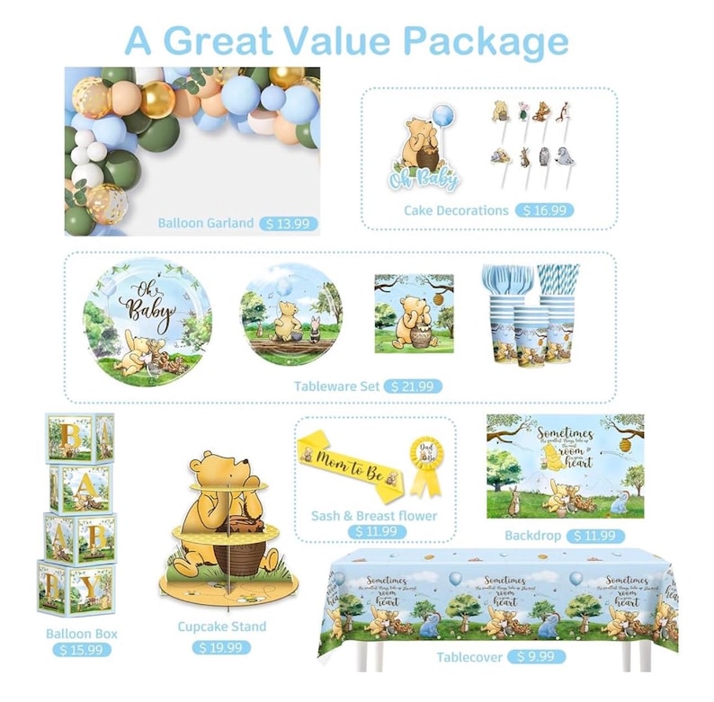 Classic Winnie Baby Shower Decorations Boy, Blue Vintage Bear Baby Boy Shower Decorations Balloons and Baby Boxes, Backdrop, Dinnerware Set