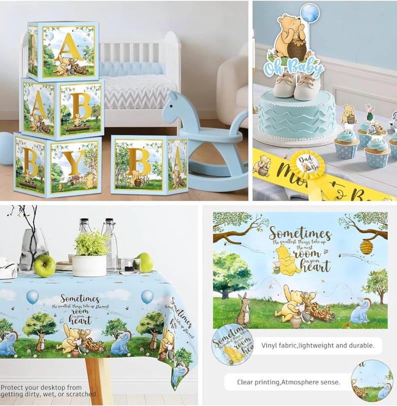 Classic Winnie Baby Shower Decorations Boy, Blue Vintage Bear Baby Boy Shower Decorations Balloons and Baby Boxes, Backdrop, Dinnerware Set