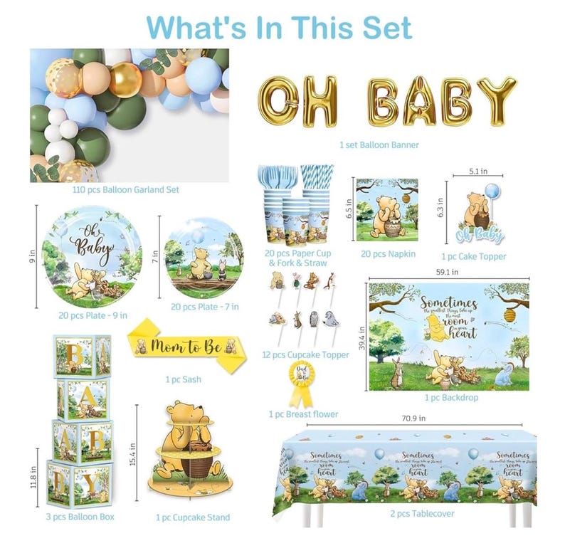Classic Winnie Baby Shower Decorations Boy, Blue Vintage Bear Baby Boy Shower Decorations Balloons and Baby Boxes, Backdrop, Dinnerware Set