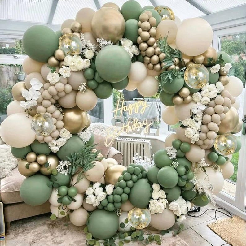 Sage Green White Sand Balloon Arch Kit, Green Beige Gold Metallic Balloons Garland Kit with Gold Confetti Balloons for Birthday Wedding