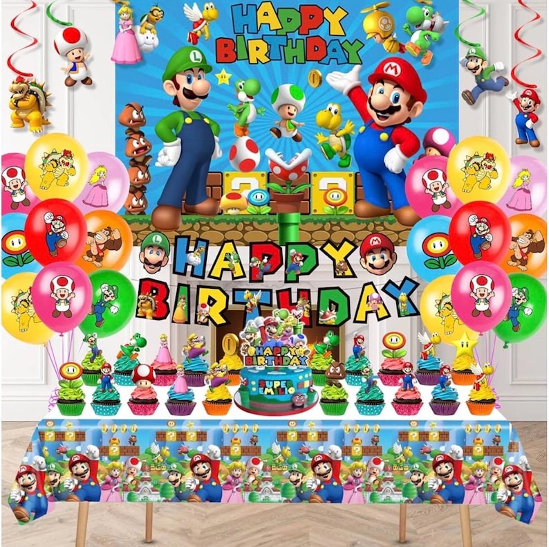 Mario Birthday Party Supplies, Party Decorations Set Include Banner, Backdrop, Balloons, Hanging Swirls, Cake Cupcake Toppers, Tablecloth …