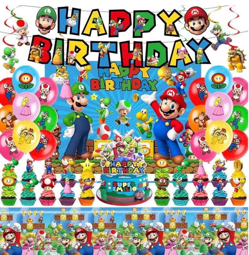 Mario Birthday Party Supplies, Party Decorations Set Include Banner, Backdrop, Balloons, Hanging Swirls, Cake Cupcake Toppers, Tablecloth …