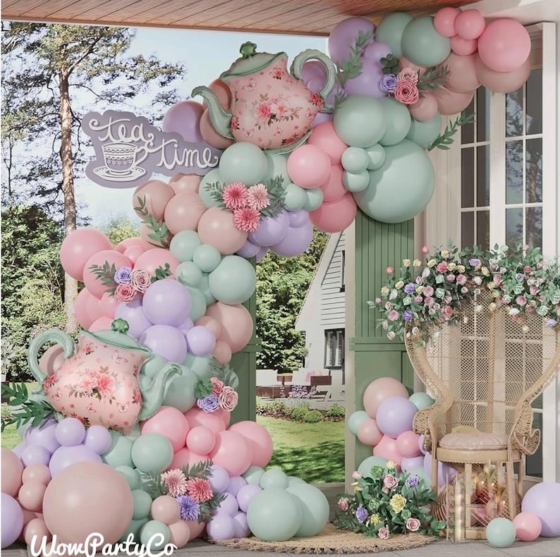 Green and Pink Balloon Garland 134Pcs Dusty Green Pink and Purple Balloons Arch Kit with Teapot Foil Balloon for  Tea Party Lets Partea