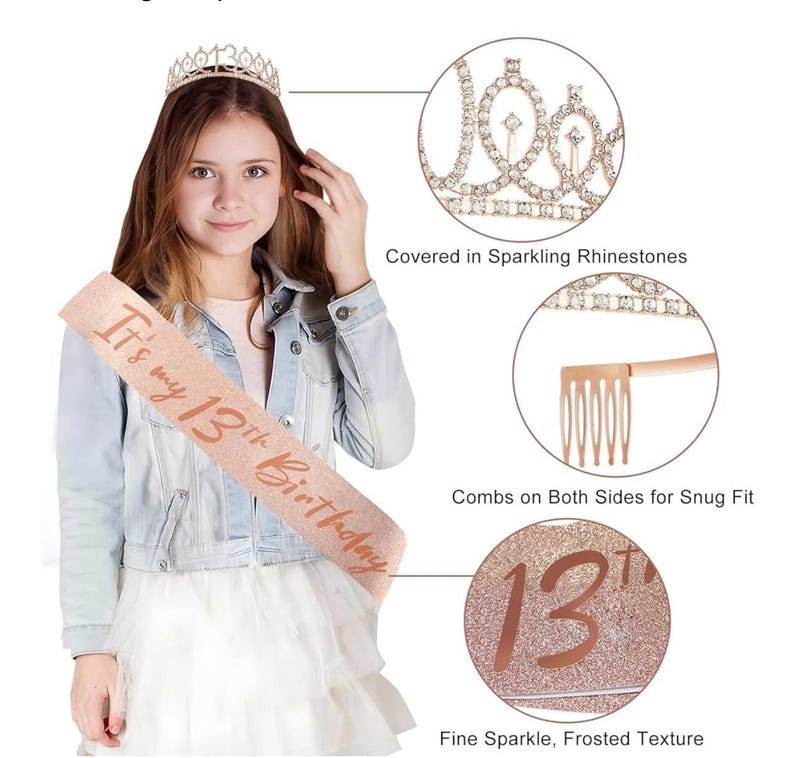 13th Birthday Decorations for Girls,33pcs It's My 13th Birthday Crown and Sash, Black Rose Gold 13 th Banner Balloons Backdrop Hanging Swirl
