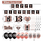 13th Birthday Decorations for Girls,33pcs It's My 13th Birthday Crown and Sash, Black Rose Gold 13 th Banner Balloons Backdrop Hanging Swirl