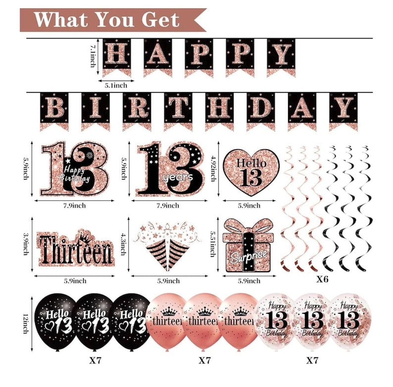 13th Birthday Decorations for Girls,33pcs It's My 13th Birthday Crown and Sash, Black Rose Gold 13 th Banner Balloons Backdrop Hanging Swirl