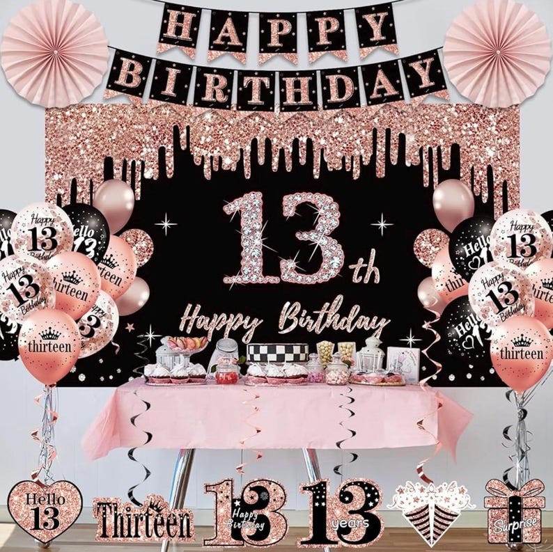 13th Birthday Decorations for Girls,33pcs It's My 13th Birthday Crown and Sash, Black Rose Gold 13 th Banner Balloons Backdrop Hanging Swirl