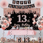 13th Birthday Decorations for Girls,33pcs It's My 13th Birthday Crown and Sash, Black Rose Gold 13 th Banner Balloons Backdrop Hanging Swirl