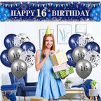 Blue 16th Birthday Decorations for Boys Girls - Navy Blue Silver Happy Banner and Balloons for Anniversary Party Supplies, Sixteen Year Old