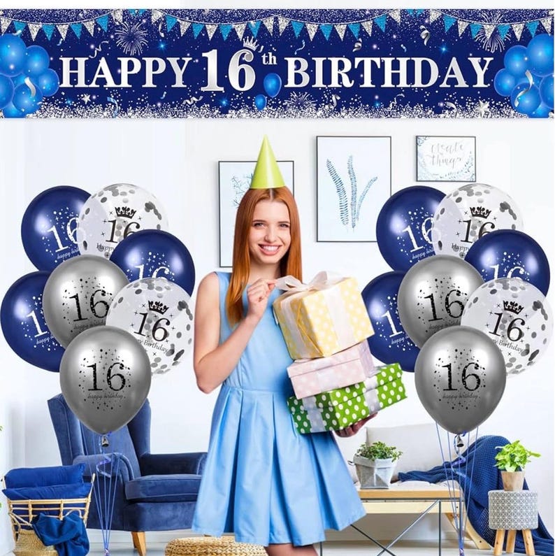 Blue 16th Birthday Decorations for Boys Girls - Navy Blue Silver Happy Banner and Balloons for Anniversary Party Supplies, Sixteen Year Old