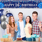 Blue 16th Birthday Decorations for Boys Girls - Navy Blue Silver Happy Banner and Balloons for Anniversary Party Supplies, Sixteen Year Old