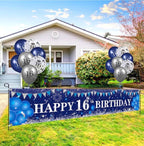 Blue 16th Birthday Decorations for Boys Girls - Navy Blue Silver Happy Banner and Balloons for Anniversary Party Supplies, Sixteen Year Old