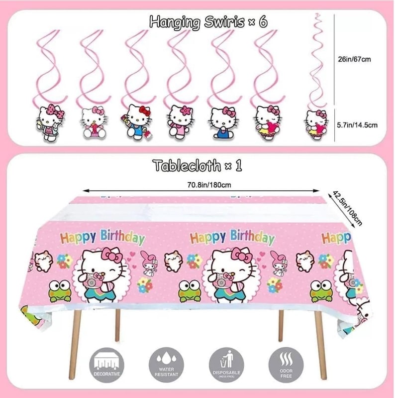 Kitty Birthday Party Decorations Set, with Banner, Balloons, Cake Topper, Cupcake Toppers, Hanging Swirls, Tablecloth - 49pcs