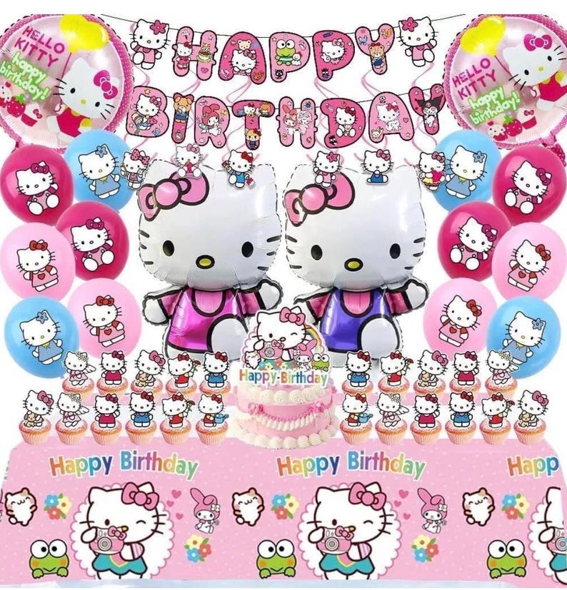 Kitty Birthday Party Decorations Set, with Banner, Balloons, Cake Topper, Cupcake Toppers, Hanging Swirls, Tablecloth - 49pcs