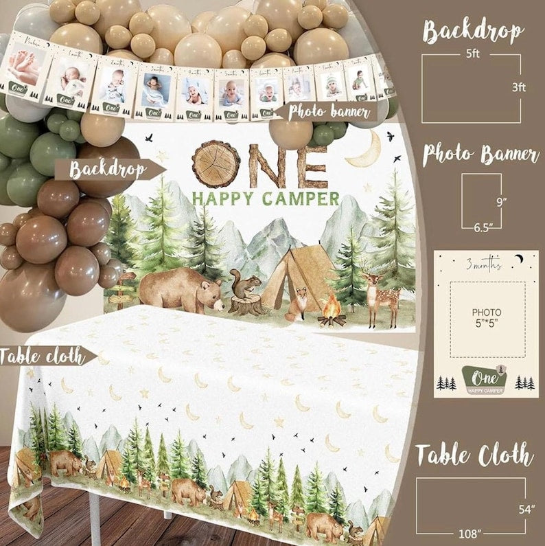One Happy Camper Birthday Decorations, Pink Camping 1st Party Supplies with Backdrop, Balloon Garland, Cake Topper, Crown for Girls