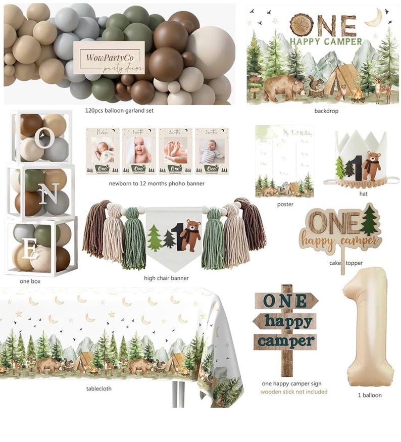 One Happy Camper Birthday Decorations, Camping 1st Birthday Party Supplies with Balloon Arch Balloon Box Backdrop High Chair Banner Crown