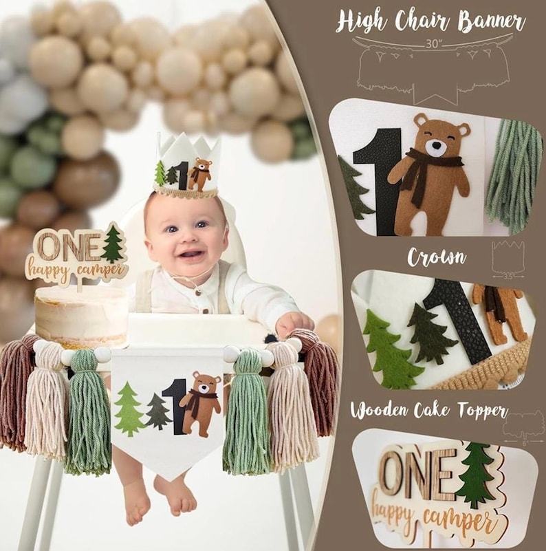 One Happy Camper Birthday Decorations, Camping 1st Birthday Party Supplies with Balloon Arch Balloon Box Backdrop High Chair Banner Crown