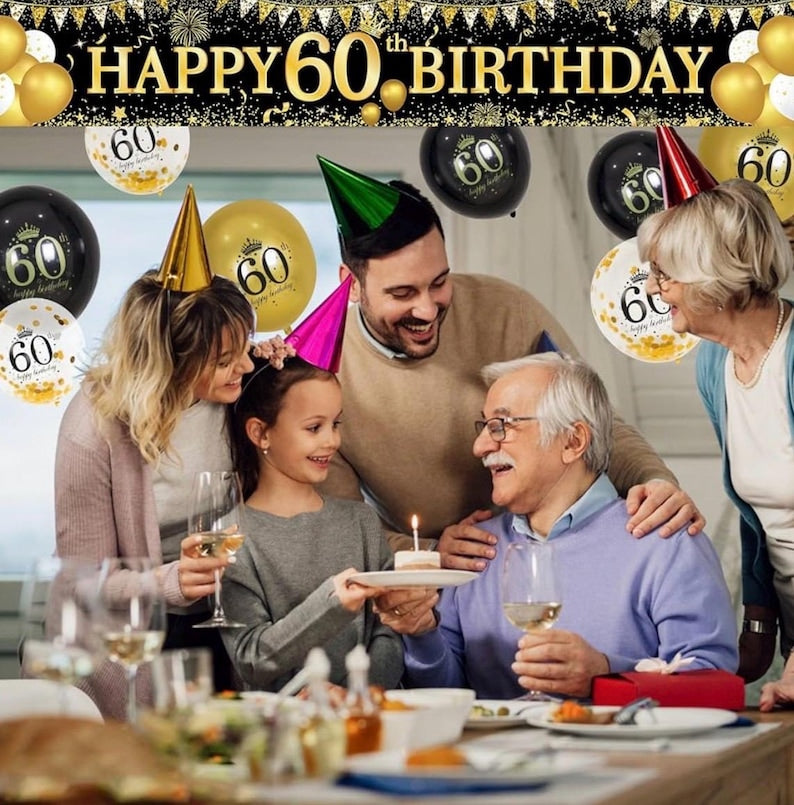60th Birthday Decorations - Black Gold 60th Birthday Banner and Balloons for Party Decor, Cheers to 60 Years
