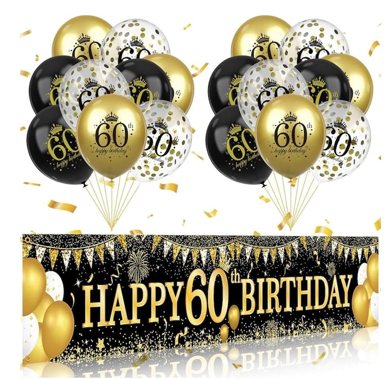 60th Birthday Decorations - Black Gold 60th Birthday Banner and Balloons for Party Decor, Cheers to 60 Years