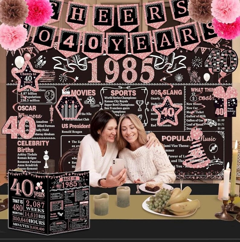 40th Birthday Decorations for Women,32PCS 40th birthday party kits,Including Vintage 1985 Backdrop,banner,Anniversary Card,Honeycomb,Balloon
