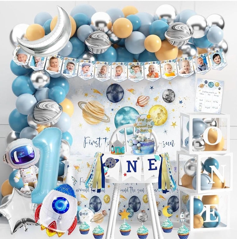 First Trip Around The Sun Birthday Party Decorations for boy 1st Birthday Supplies First Trip Around The Sun Backdrop Space Theme Party