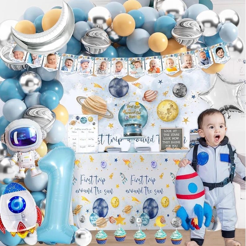First Trip Around The Sun Birthday Party Decorations for boy 1st Birthday Supplies First Trip Around The Sun Backdrop Space Theme Party