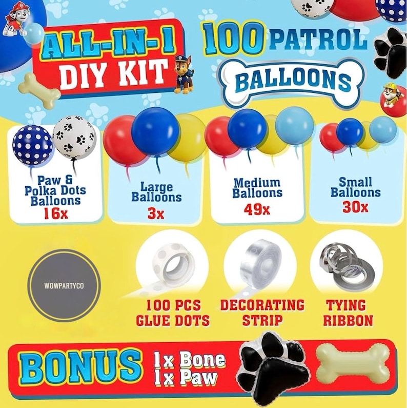 ALL -IN-1 Paw Balloon Arch & Garland Kit with BONUS Dog Bone – Small and Large Red, Dark Blue Paw Balloons – Chase Paw Birthday Party Decor