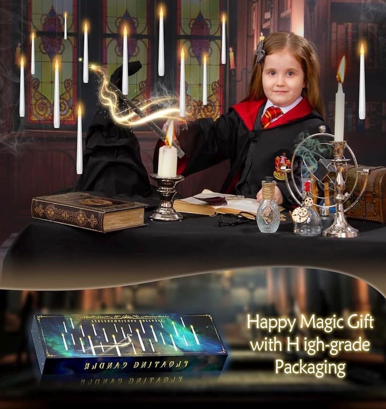 Flameless Floating Candles with Wand，20 Pcs Magic LED Hanging Taper Candles，Flickering Battery Operated Taper Candle with Wand Remote
