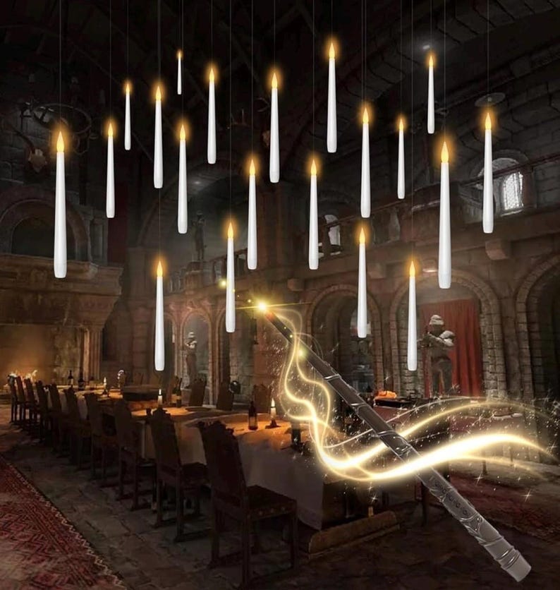 Flameless Floating Candles with Wand，20 Pcs Magic LED Hanging Taper Candles，Flickering Battery Operated Taper Candle with Wand Remote