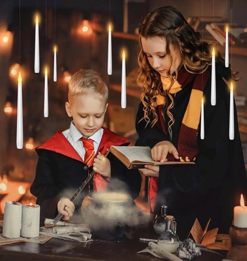Flameless Floating Candles with Wand，20 Pcs Magic LED Hanging Taper Candles，Flickering Battery Operated Taper Candle with Wand Remote