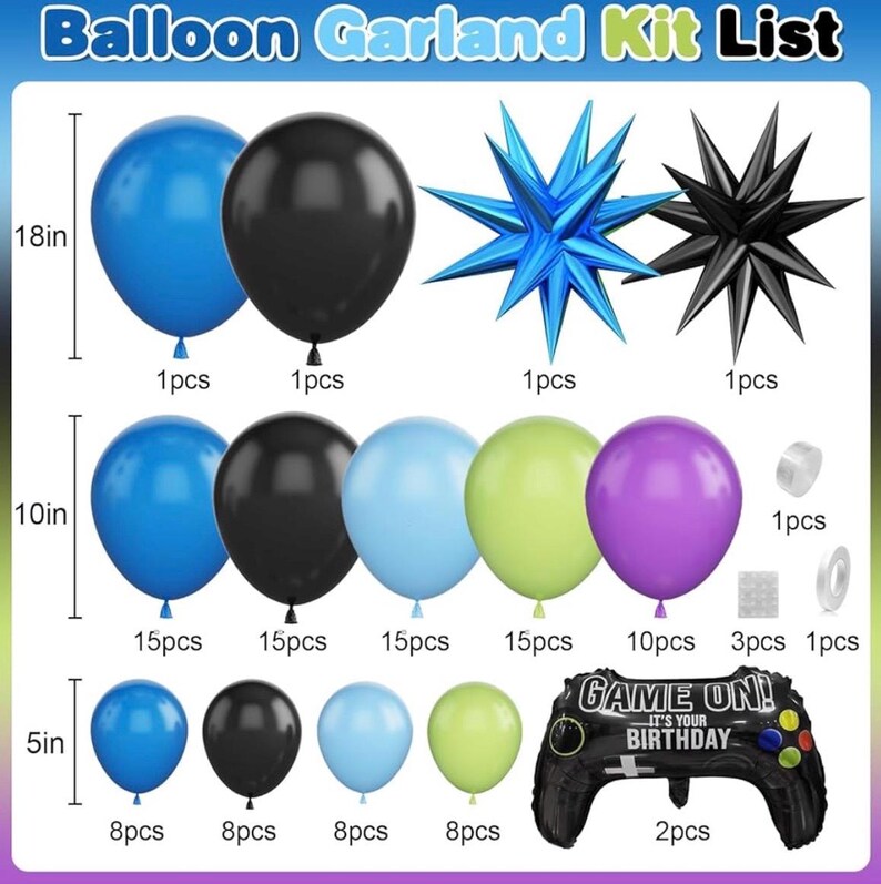 Video Game Balloon Arch Garland Kit, Blue Purple Green Black Party Balloons with 2 pcs Game Handle Foil Balloons for Video Game Theme Bday
