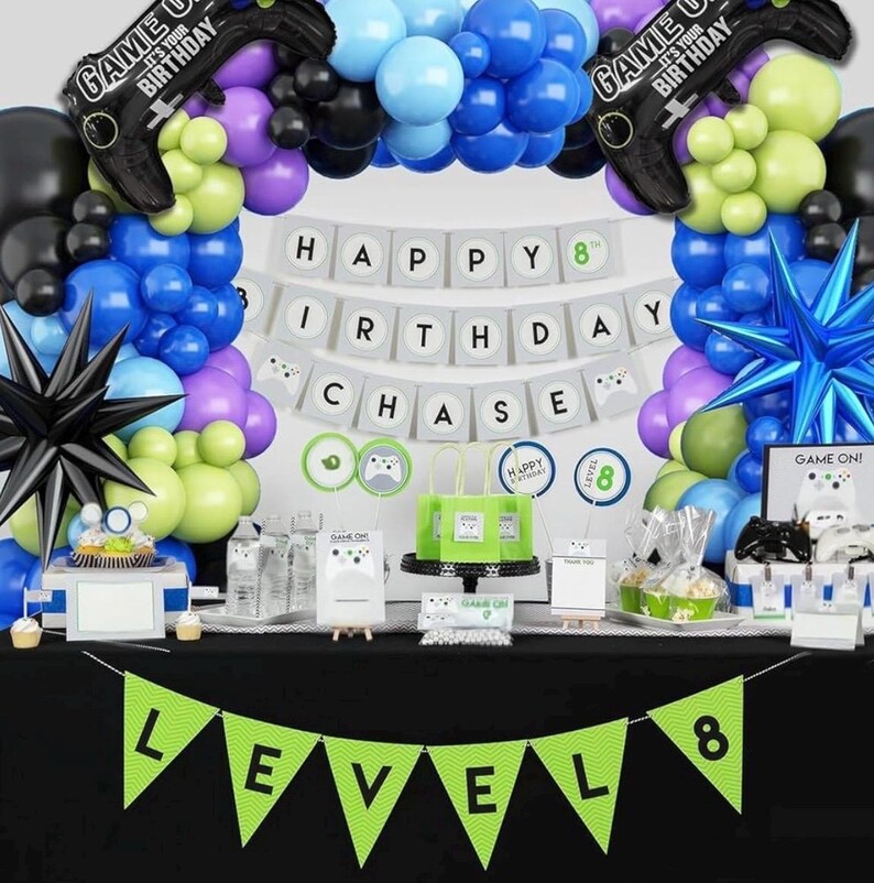 Video Game Balloon Arch Garland Kit, Blue Purple Green Black Party Balloons with 2 pcs Game Handle Foil Balloons for Video Game Theme Bday