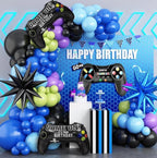 Video Game Balloon Arch Garland Kit, Blue Purple Green Black Party Balloons with 2 pcs Game Handle Foil Balloons for Video Game Theme Bday