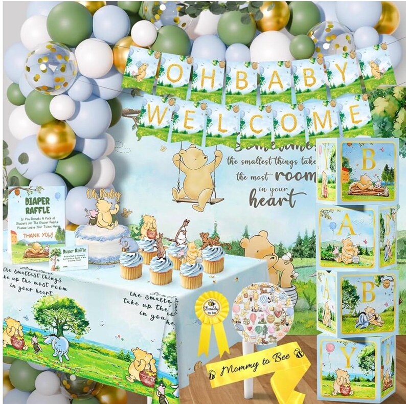 154 PCS Blue Winnie Baby Shower Decorations Kit Vintage Winnie Party Supplies Decorations, All-in-1-Balloon Garland Arch Backdrop
