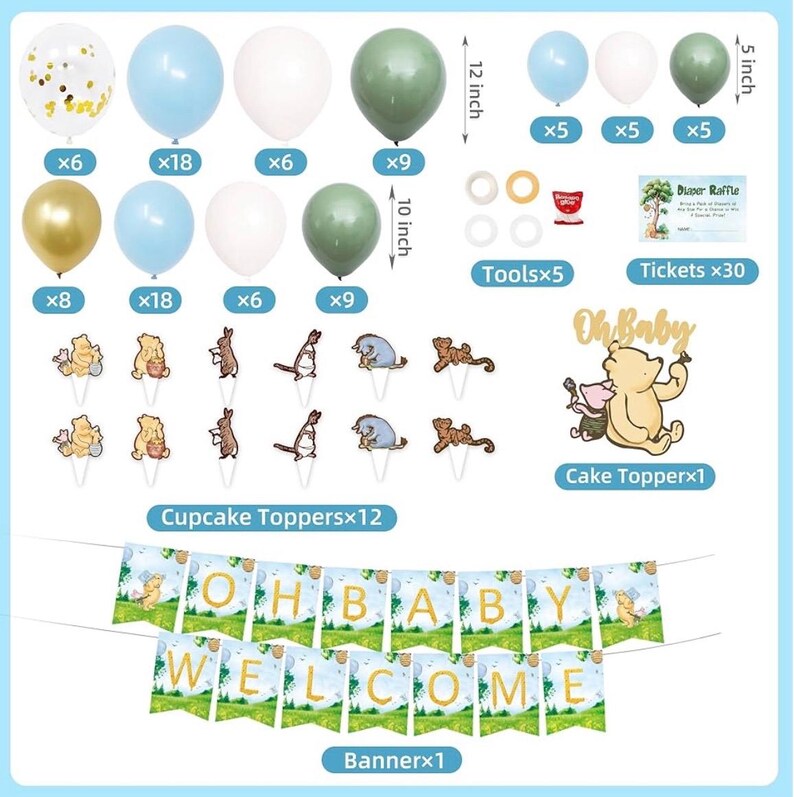 154 PCS Blue Winnie Baby Shower Decorations Kit Vintage Winnie Party Supplies Decorations, All-in-1-Balloon Garland Arch Backdrop