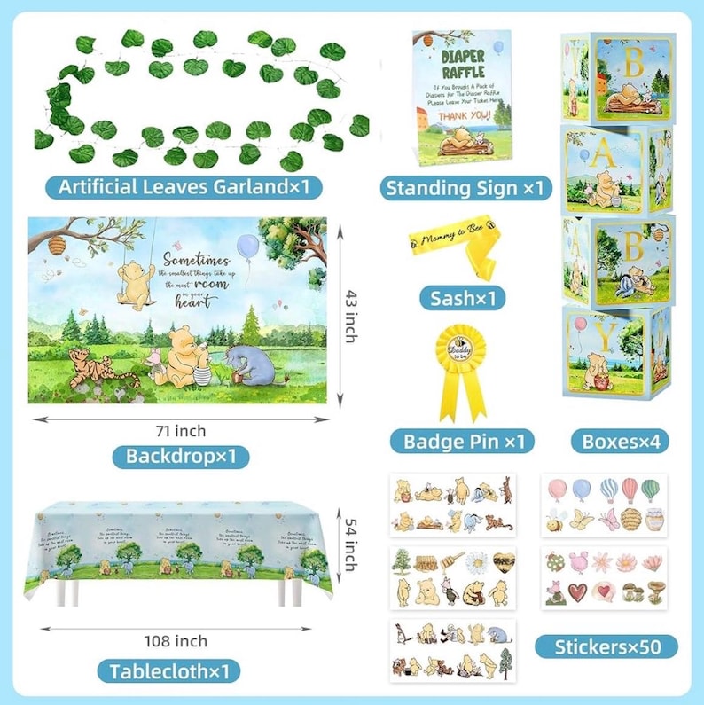 154 PCS Blue Winnie Baby Shower Decorations Kit Vintage Winnie Party Supplies Decorations, All-in-1-Balloon Garland Arch Backdrop