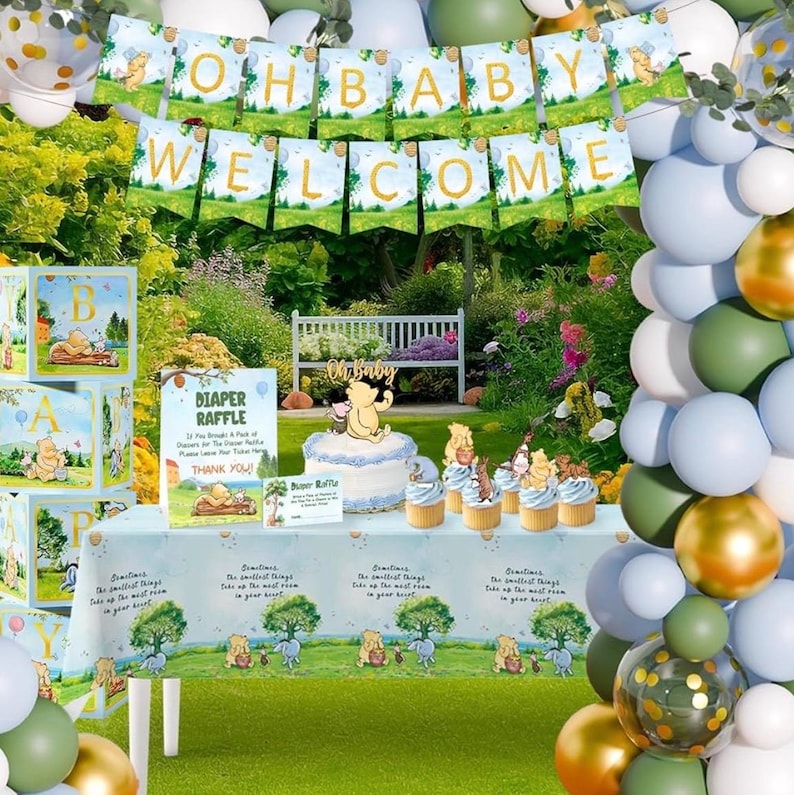 154 PCS Blue Winnie Baby Shower Decorations Kit Vintage Winnie Party Supplies Decorations, All-in-1-Balloon Garland Arch Backdrop