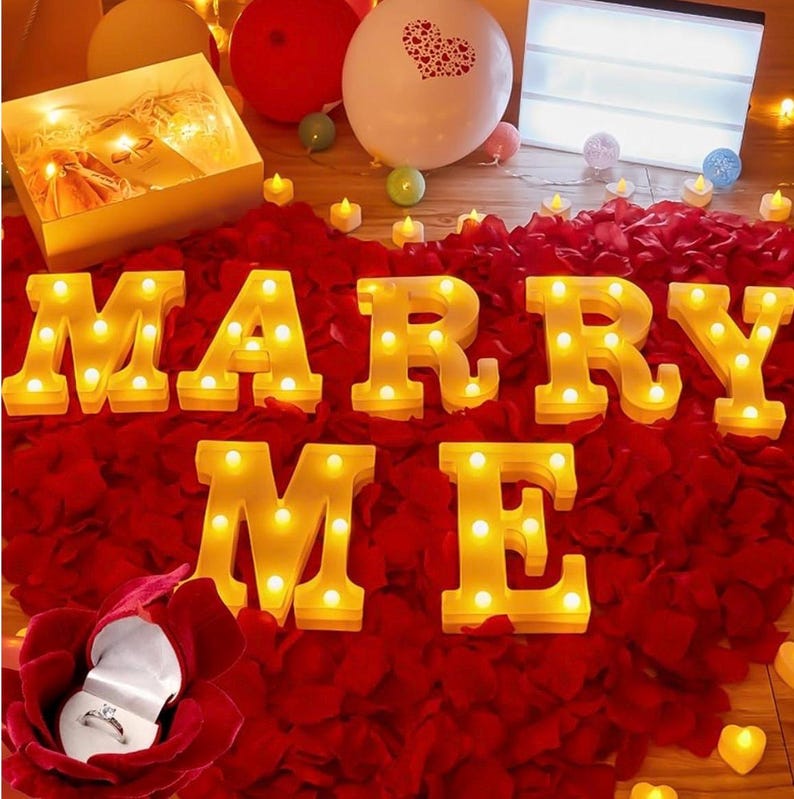 Proposal Decorations Set - Marry Me Light Up Letters with 24 Romantic LED Candles, 2000 Pcs Rose Petals, Red Carpet Aisle Runner 16 Feet
