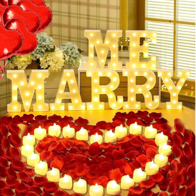 Proposal Decorations Set - Marry Me Light Up Letters with 24 Romantic LED Candles, 2000 Pcs Rose Petals, Red Carpet Aisle Runner 16 Feet