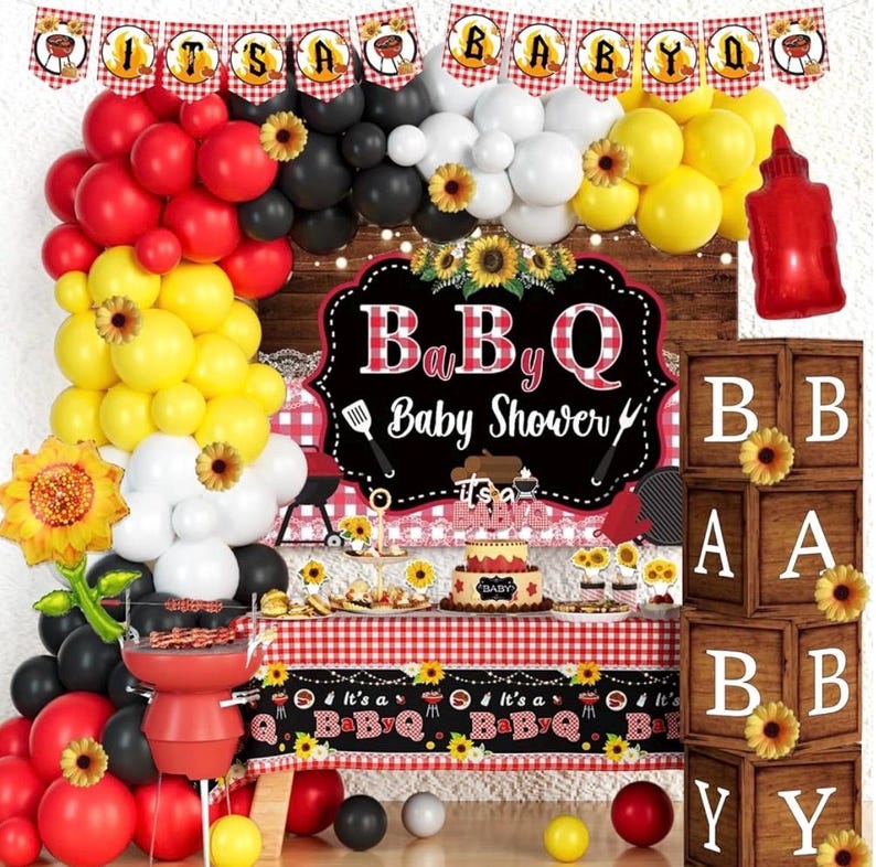 137 Pcs  BBQ Baby Shower Decorations, Hombae Its A Baby Q Baby Shower Decorations Backdrop Balloon Garland Banner Tablecloth Cake Topper