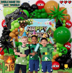 Pixel Game Birthday Party Decorations for Boys, Green Black Balloon Garland Kit with Backdrop, Tablecloth, Foil Stars & TNT Print Balloons