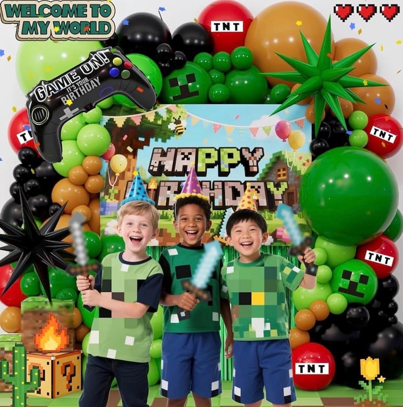 Pixel Game Birthday Party Decorations for Boys, Green Black Balloon Garland Kit with Backdrop, Tablecloth, Foil Stars & TNT Print Balloons